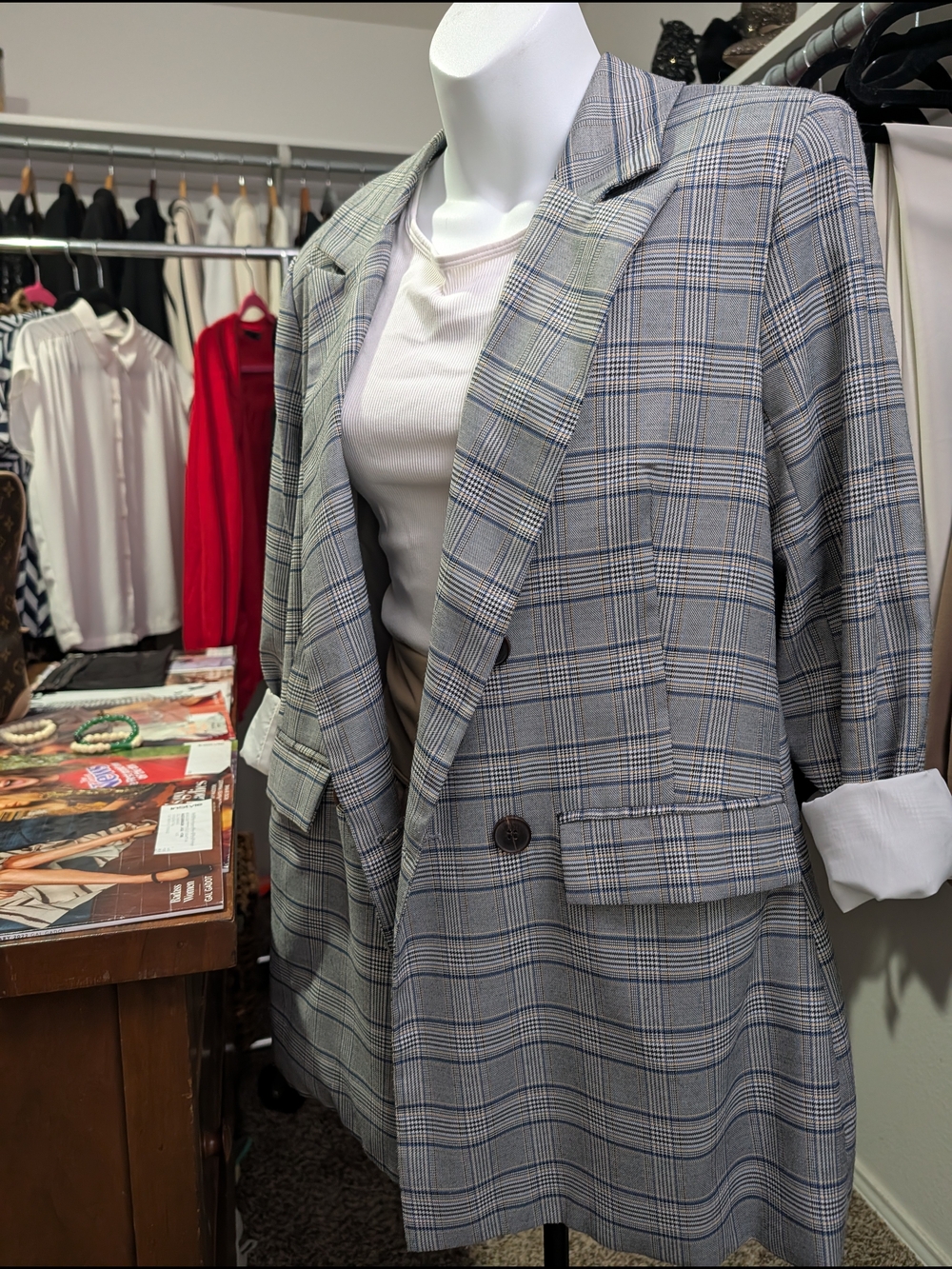 Gray Plaid Women’s Blazer - Tailored Oversized Suit Jacket